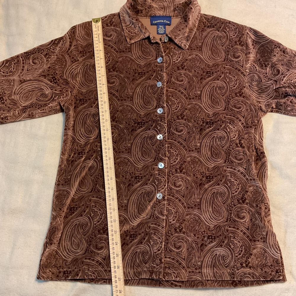 Charter Club Shirt Womens Medium Brown Paisley Velour Button Front Long Sleeve - Picture 5 of 8